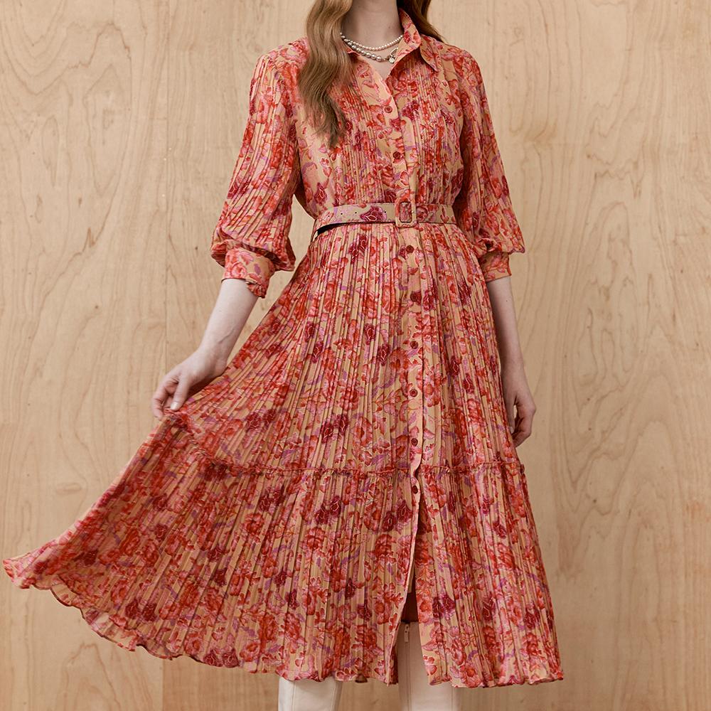 MAXZA Flower Belted Chiffon Pleated Shirt Dress