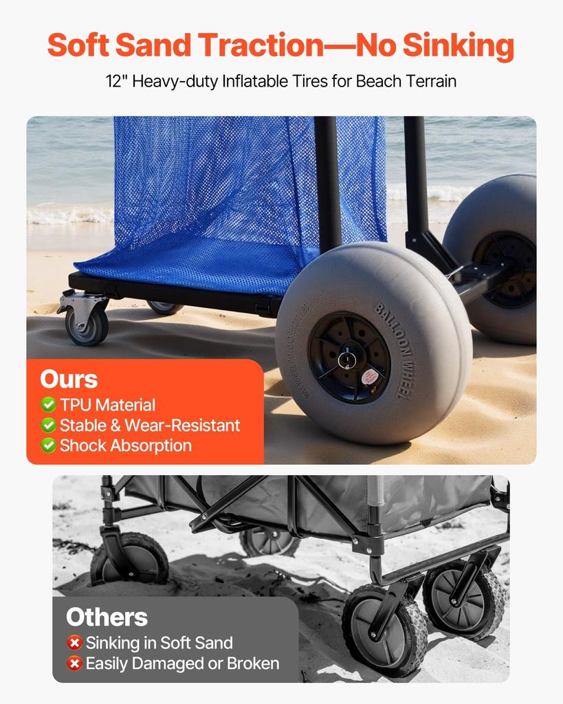 Beach Cart with Large Wheels for Sand, 75 kg Load Capacity, Heavy Duty Folding Beach Wagon with 320 mm Balloon Wheels, Storage Bag, 180° Adjustable