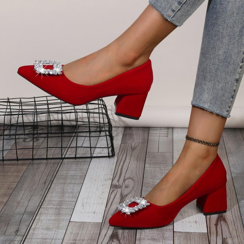 Fashion Rhinestone Square Button Block Heel Single Shoes Women's Autumn New Pointed Toe Shallow Mouth Slip-On High Heels
