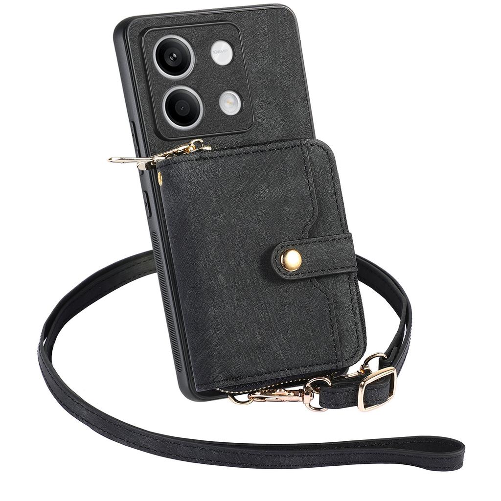 D3 For Xiaomi Redmi Note 13 4G Case Zipper Wallet Leather+TPU+PC Phone Cover with Crossbody Strap