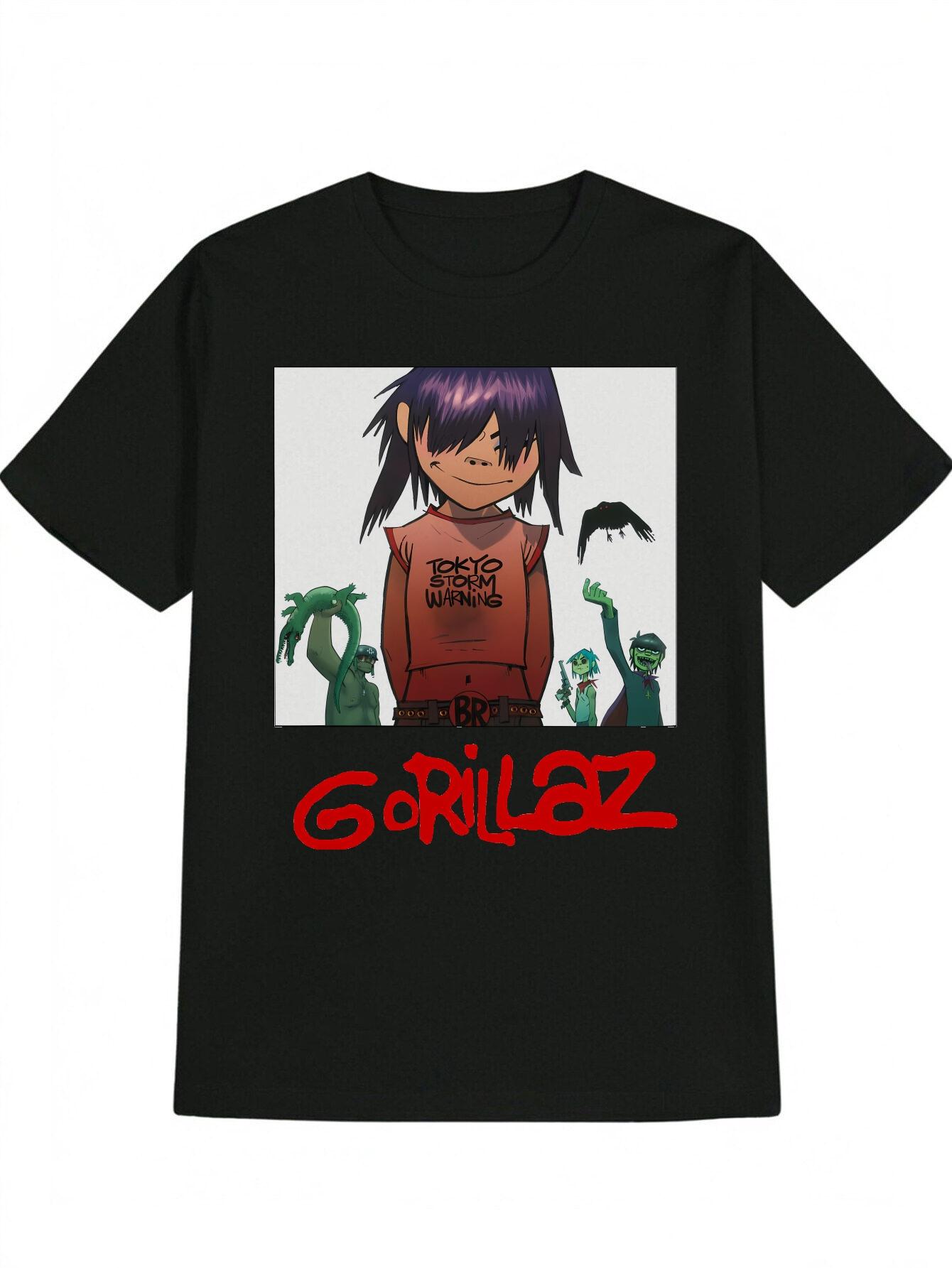Casual Crew Neck T-shirt with  Tokyo Storm Warning  Cartoon Print - Black Tee with Green Alien Design XXXL