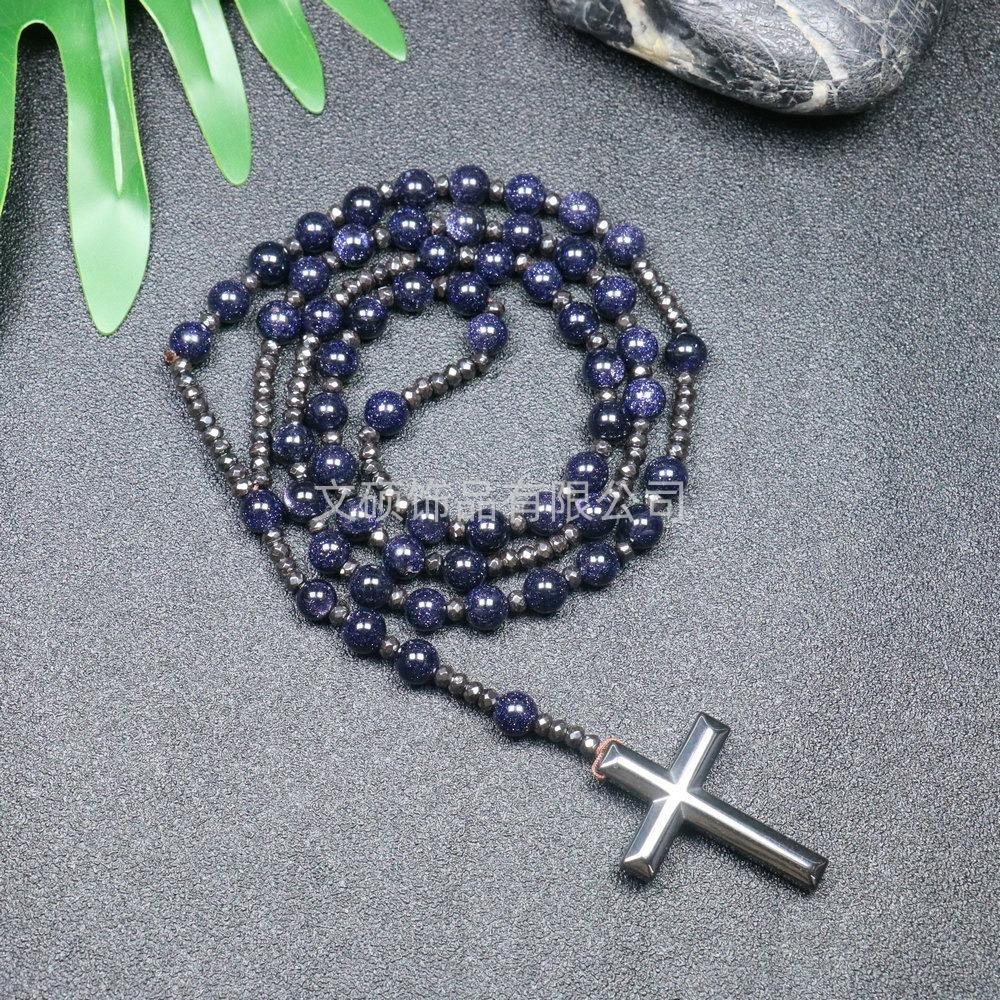 Collier pendentif croix en pierre naturelle, Croix en pierre d'œil de tigre et fer à bille chapelet collier pour homme