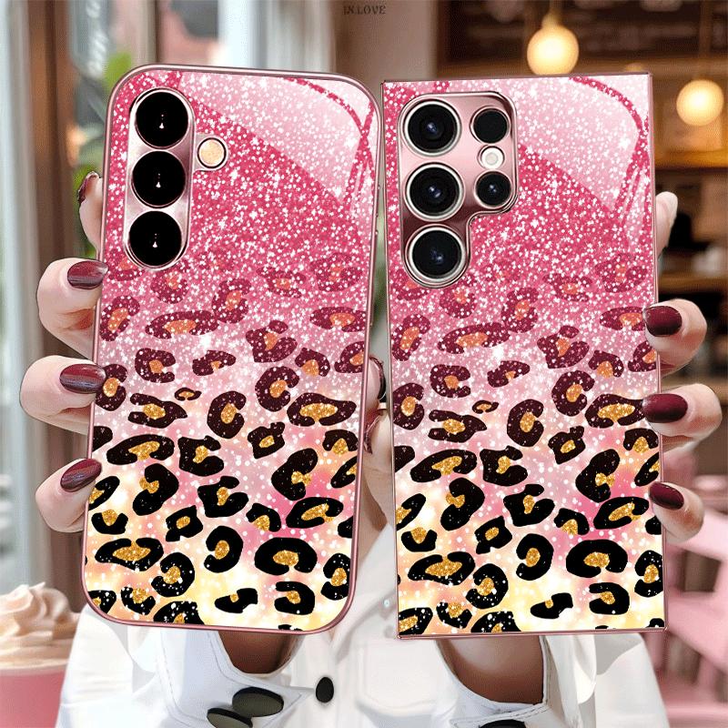 Stylish Sparkling Leopard fashion phone cases mobile phones Glass phone case for Samsung Galaxy S26 S25 S24 S23 S22FE Ultra Plus