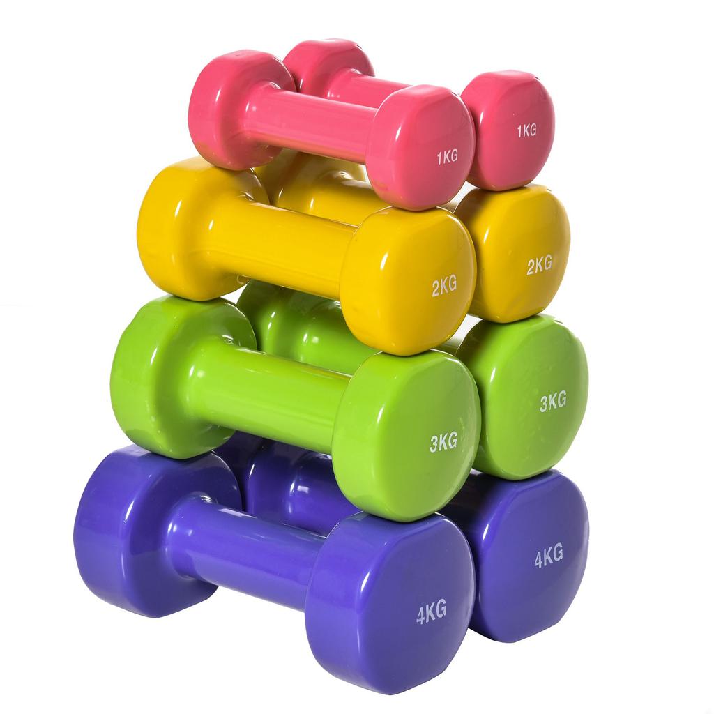 Dumbbells, Set of 8 Hexagonal, 20 kg, 4 Pairs 1-4 kg, Neoprene, Multicolor