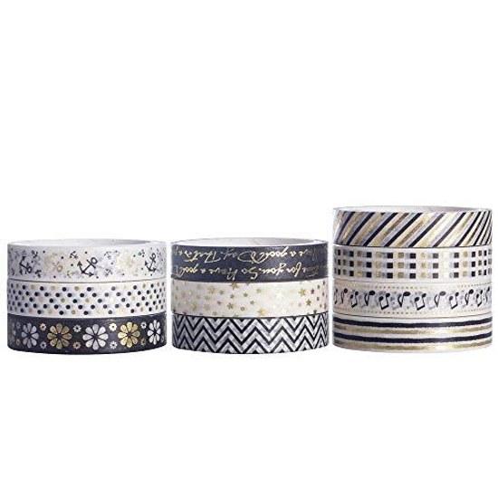 YUBBAEX masking tape thin gold foil 8mm width x 10 rolls thin. Suitable gift wrapping DIY crafts notebook decoration (black white).