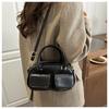 Autumn Retro Double Pocket Design Shoulder Bowling Bags for Women Solid Color Ladies Crossbody Bag Simple Female Pu Handbags