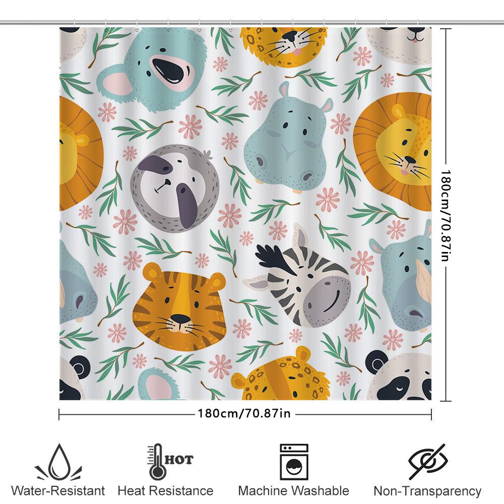 Animal Print Shower Curtain Multicolor Animal Design Bath Decor With Hooks For Home Decoration (White)