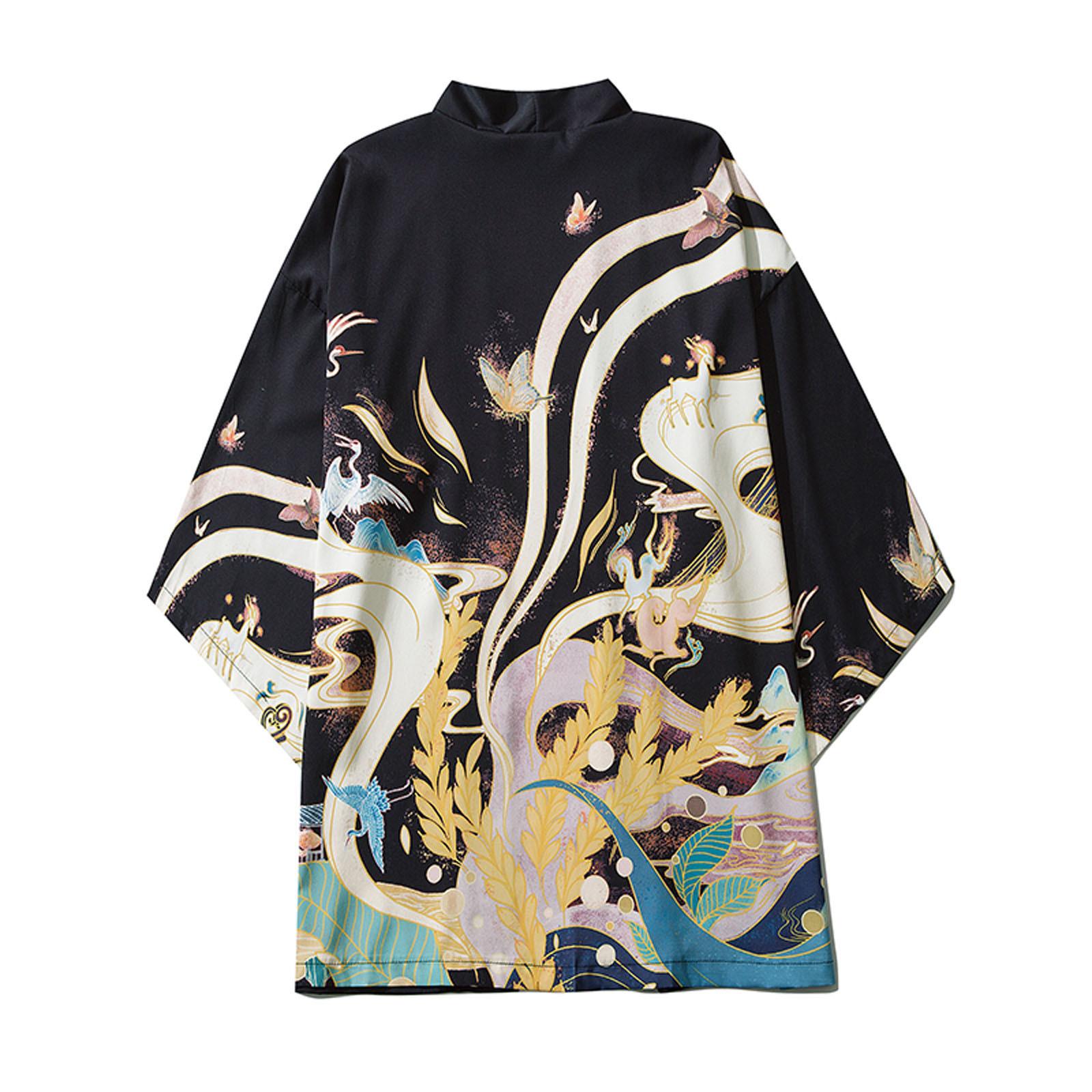 

Мужской повседневный свободный кардиган с открытой передней частью и рукавами 3/4 в японском стиле с принтом M жёлтый