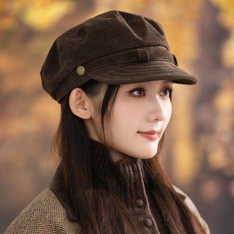 Four Seasons Retro Navy Hat Premium Suede Flat Top Newsboy Hat Girls Versatile Painter Hat