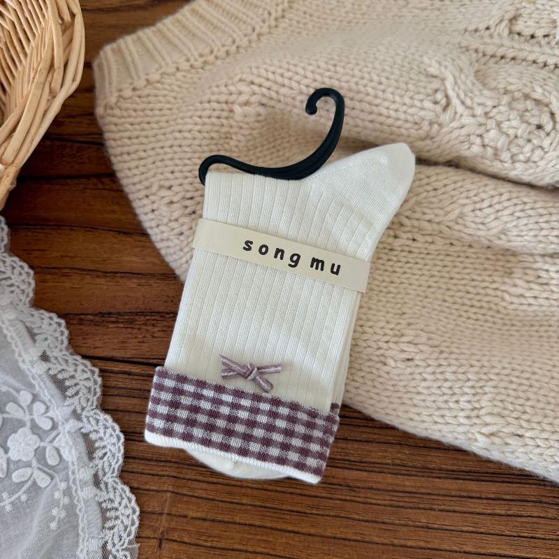 Boneless Socks, Women's Mid-calf Socks, Autumn and Winter Retro Girls' Bow Pile Socks, Women's Socks