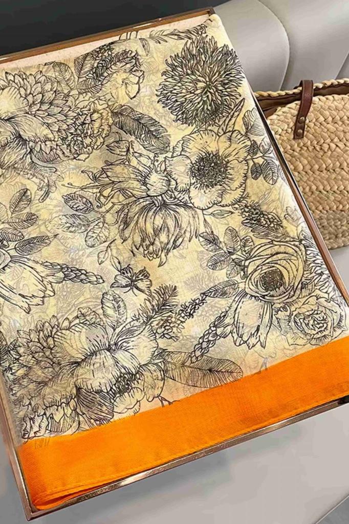 Elegant Botanical Pattern Shawl with Orange Border - Classic with a Touch of Color