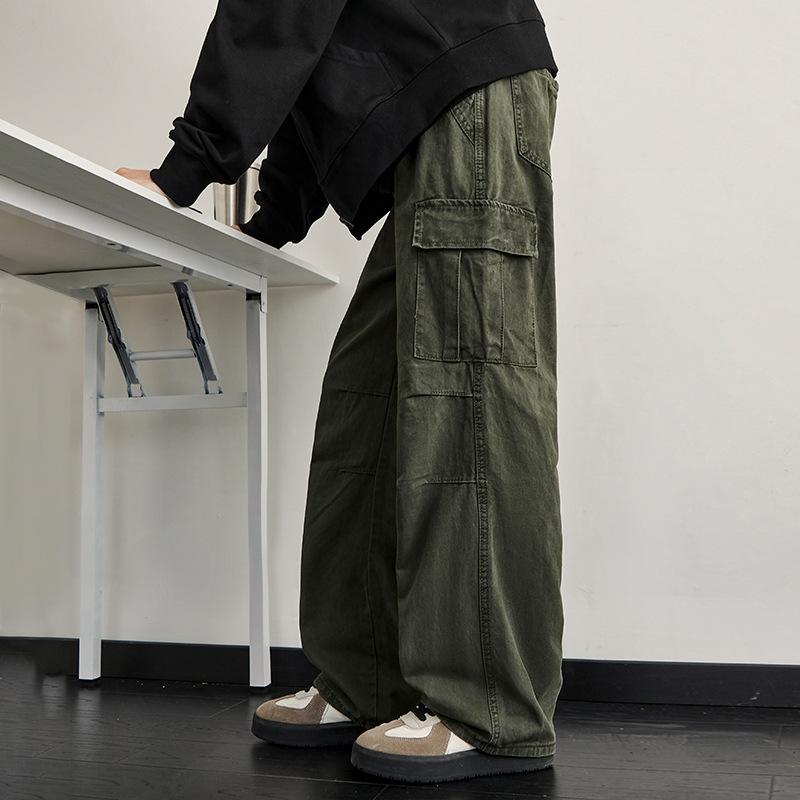 American retro washed and old overalls men's spring and autumn tide niche loose straight wide-leg pants pocket paratrooper pants
