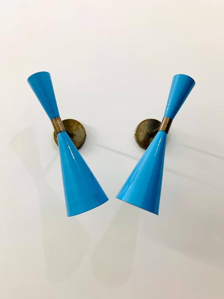 Mid Century Italian Brass Wall Lamp: Blue Sconce Lighting (Set of Two)