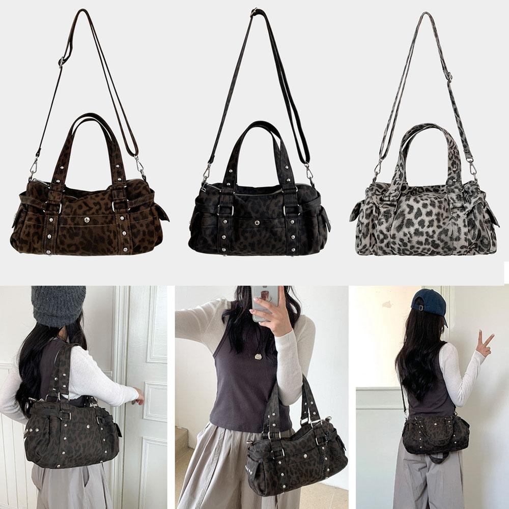 Retro Leopard Print Handbag for Women, Rivet Niche Underarm Bag, Trend Single Shoulder Crossbody Bag