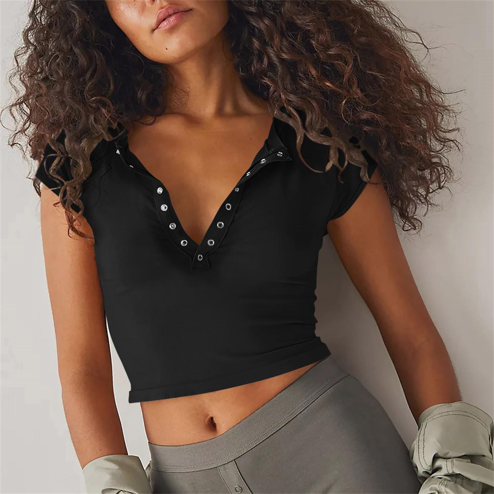 

Новая летняя повседневная футболка с v-образным вырезом и пупком для женщин с короткими рукавами, сексуальный обтягивающий топ с открытым воротником L чёрный