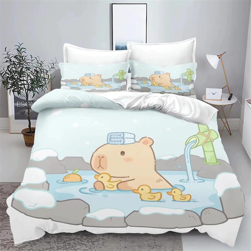 Cartoon Capybara 3D Printed Bedding Set Children's Duvet Cover Pillow Case Set Anime Polyester Cute Cartoon Home Decoration