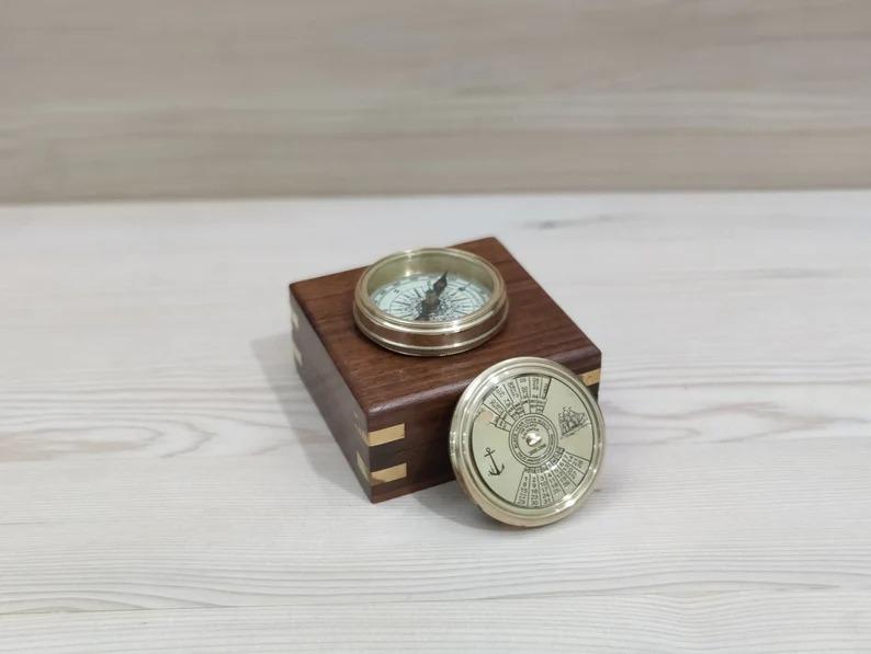 Premium Brass Compass with Wooden Box, Engraved Vintage Pocket Compass Graduation Gift, Nautical Working Compass Gift for Men