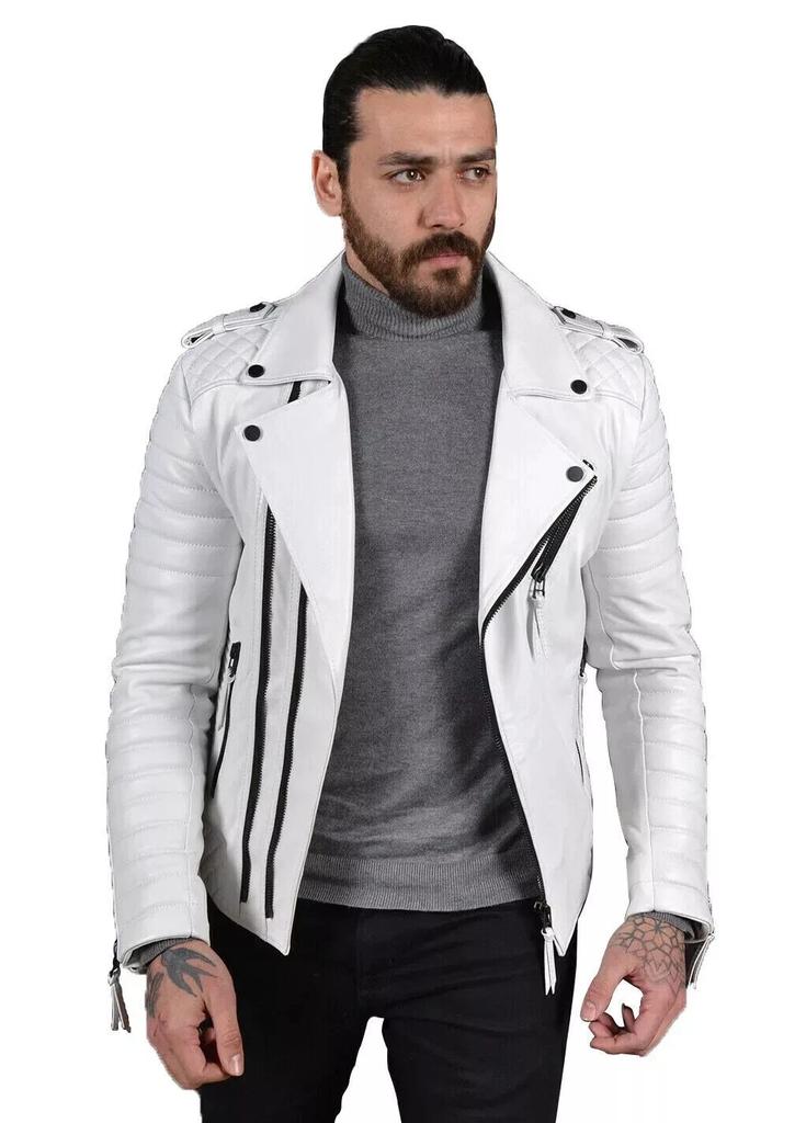 Pánská bílá bunda kožená ručně šitá motorkářská motocyklová měkká pravá jehněčí kůže stylové nošení