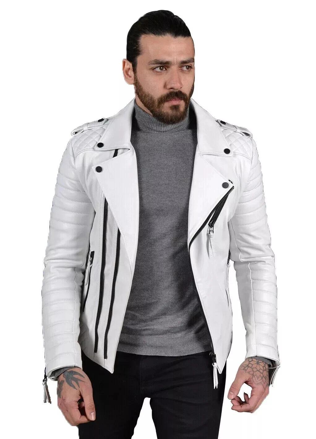 

Мужская белая кожаная куртка ручной работы, байкерская, мотоциклетная, из мягкой натуральной овчины, стильная одежда 3XL белый