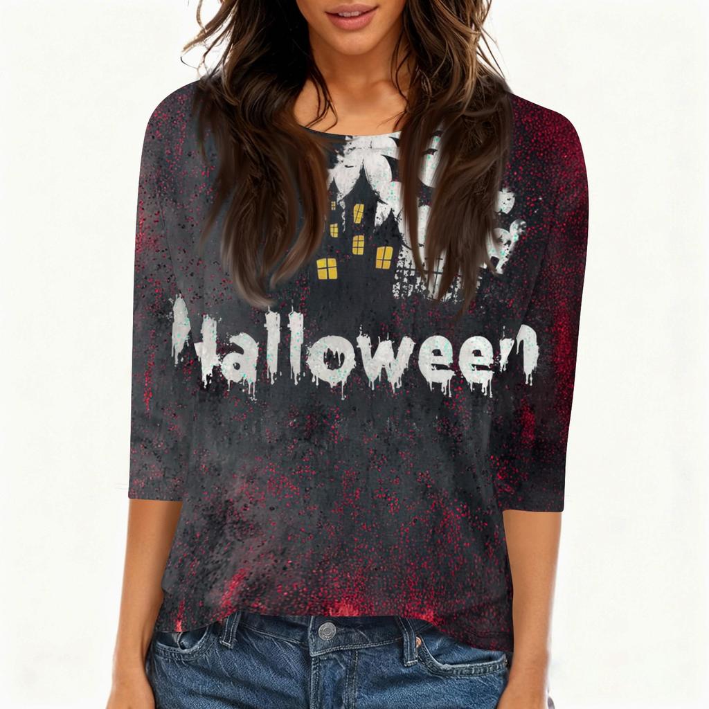 Women's Casual Halloween Print Round Neck Three Quarter Sleeve T Shirt Top Lightweight Comfortable Fit for Seasonal Wear