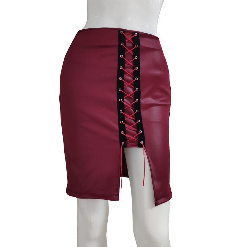 European and American Women's Black Faux PU Leather High Waist Eyelet Midi Skirt