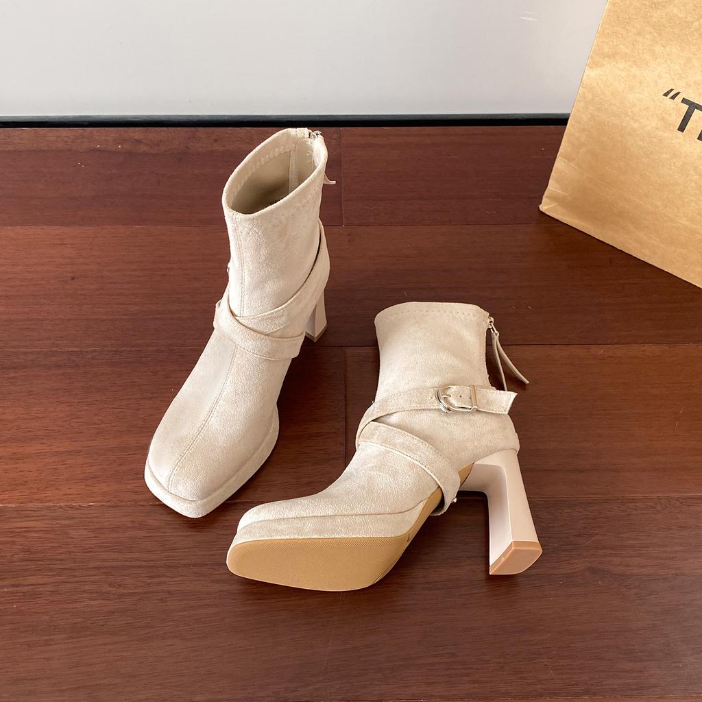 Square head two wearing boots female thin waterproof platform thick-soled high-heeled short boots female autumn and winter thick-heeled thin boots