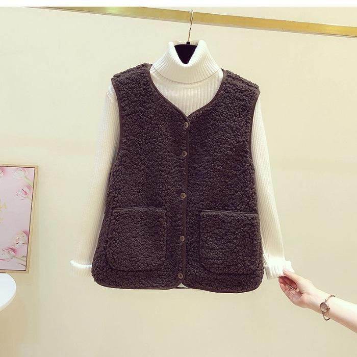 

Women s vest new lamb wool autumn and winter vest foreign style vest jacket full of temperament S темно-коричневого
