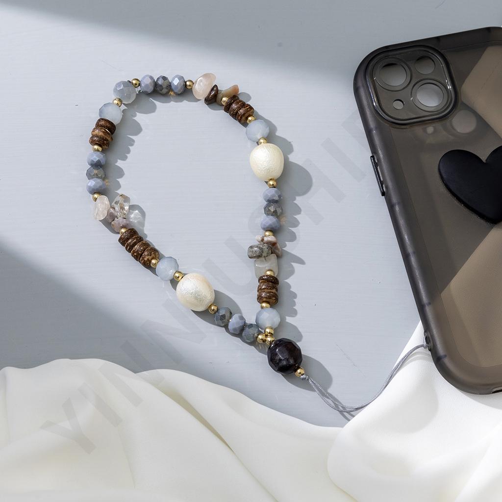 New Bohemian holiday style natural gravel mobile phone chain personalized niche crystal pearl mobile phone lanyard