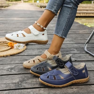 New Large-sized Hollowed-out Sandals for Women, Casual Flat, Button-toe, Wedge Heel Velcro Shoes