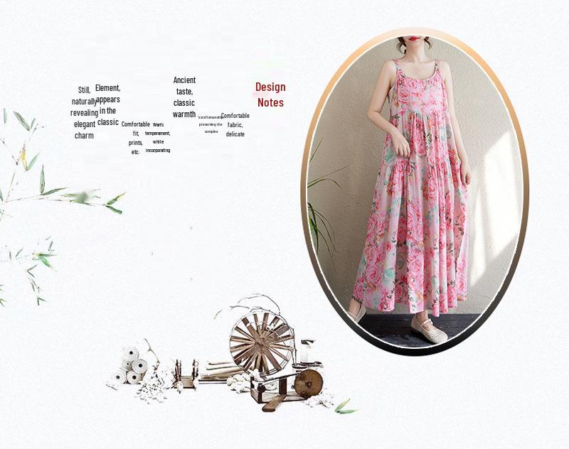 2025 Summer Cotton Linen Printed Long Sling Dress with Patchwork Design