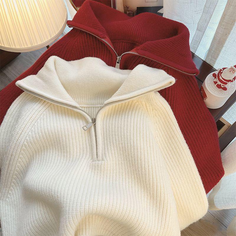 2024 Korean Half-Zip Lapel Sweater for Women - Cozy, Loose, and Stylish