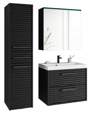 Wall-hung Bathroom Set with Washbasin, Mirror, Column, MDF Fronts, Black with LED