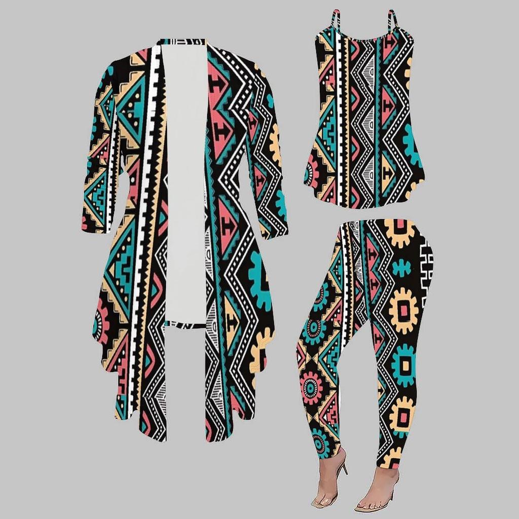 Plus Size Distressed Print 3 Piece Outfit, Long Sleeve Open Front Cardigan Cami Top Leggings Set for Women