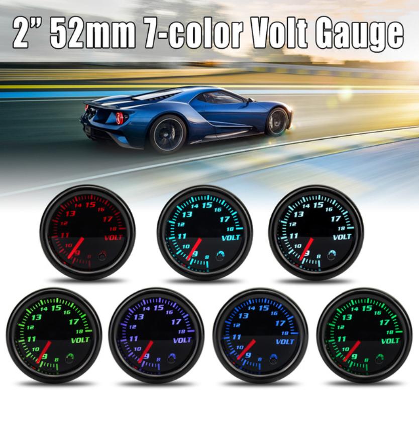 12V Universal 2" 52mm Auto Volt Voltage Gauge Meter 7 Color LED Display Tinted Face
