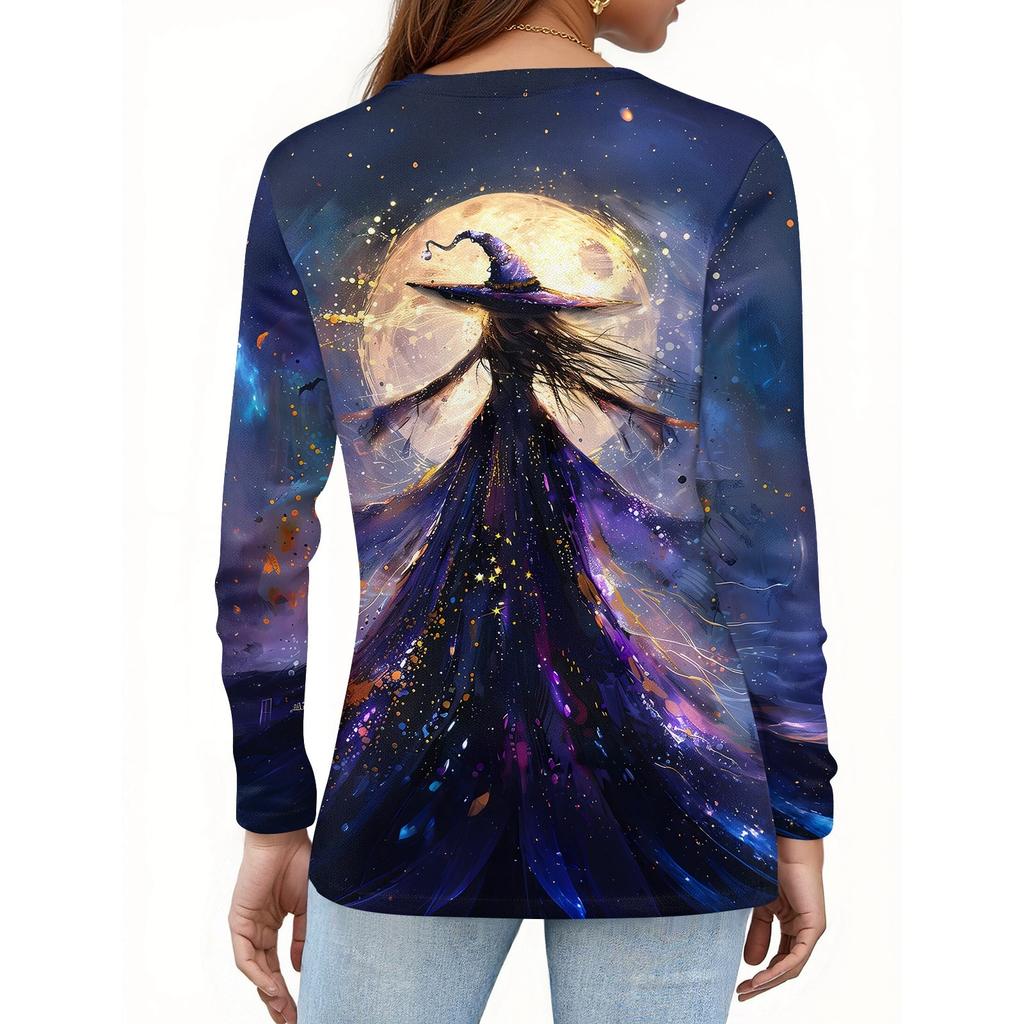 Women's Fashion Casual Halloween Printed Round Neck Long Sleeve Pullover Top