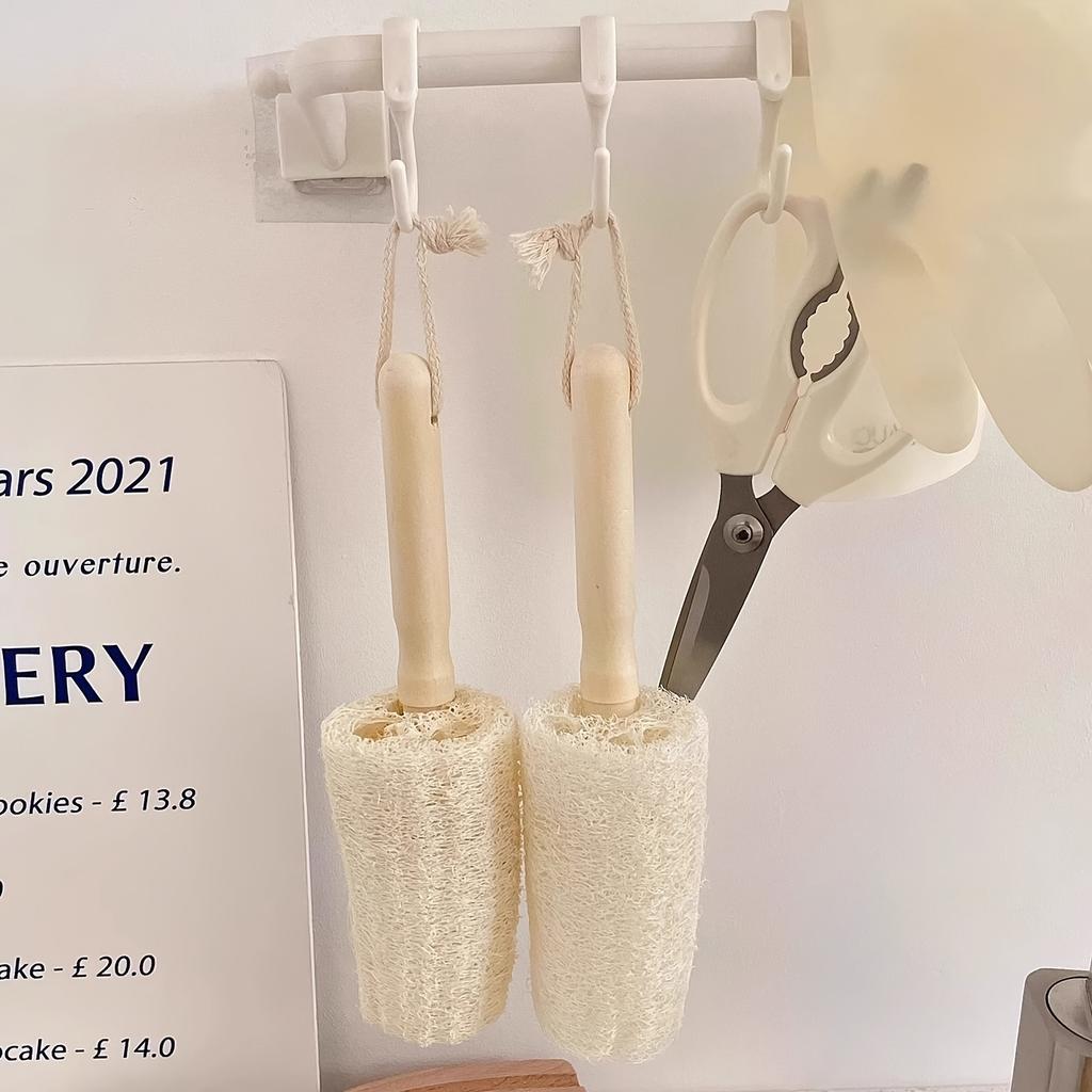 Wooden Handle Loofah Bottle Brush (1 Pc) - Eco-Friendly, Scratch-Free Cleaning with Hangable Kitchen Design