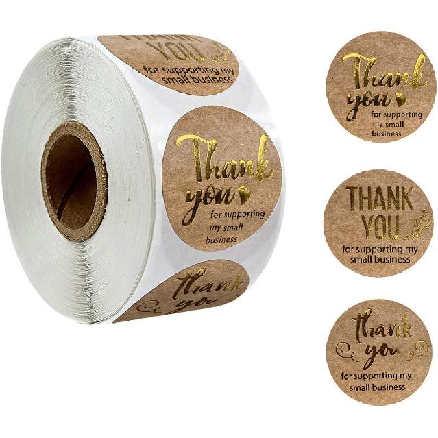 1.5'' Thank You for Supporting My Small Business, Brown Kraft Paper Thank You Stickers, 500 Labels Per Roll (Gold Foil)