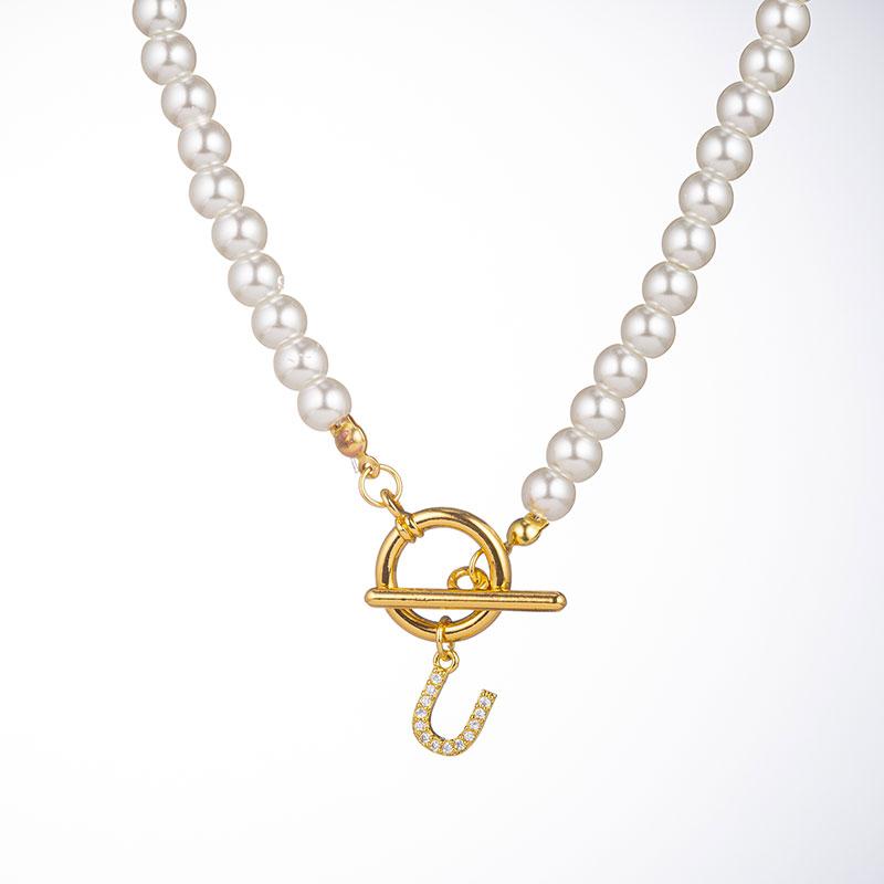 Zircon Crystal Initial A-Z Letter Pendant Necklace for Women Toggle Clasp Imitation Pearls Necklaces Wedding Jewelry Gift
