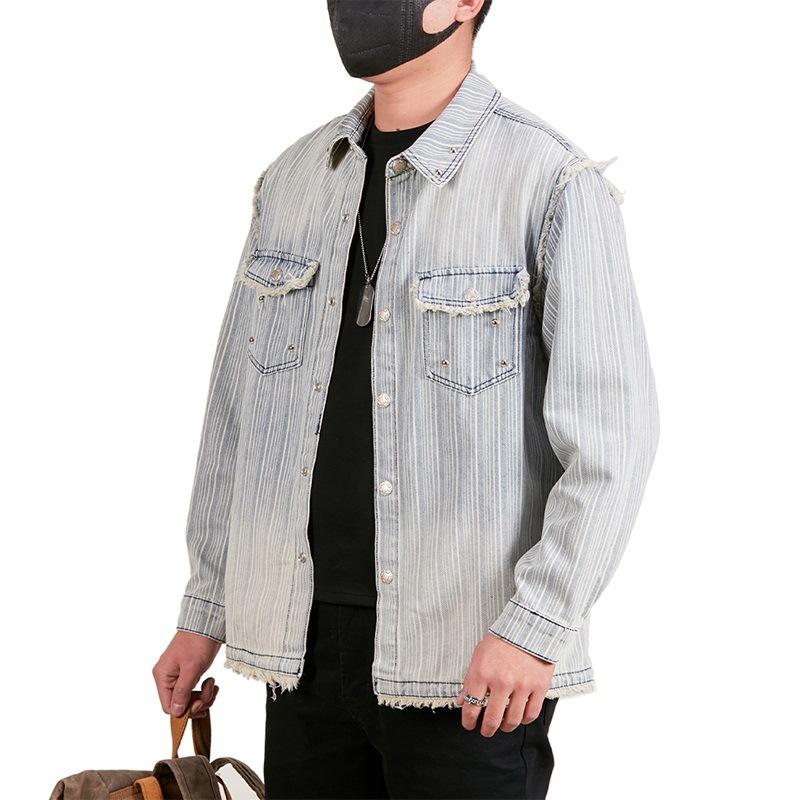 Herrskjorta i denim Ny Randig Retro Krage Casual Långärmad Skjortjacka