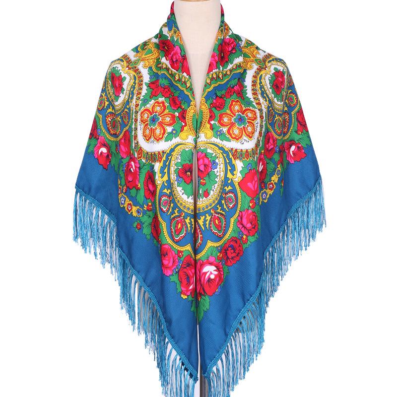 Women's Ethnic Print Summer Shawl - Large Square Scarf with Tassels for Travel & Photos