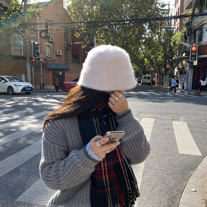 Japanese Retro Versatile Face Covering Furry Rabbit Hair Bucket Hat Women Korean Style Autumn and Winter Basin Hat Fisherman Hat