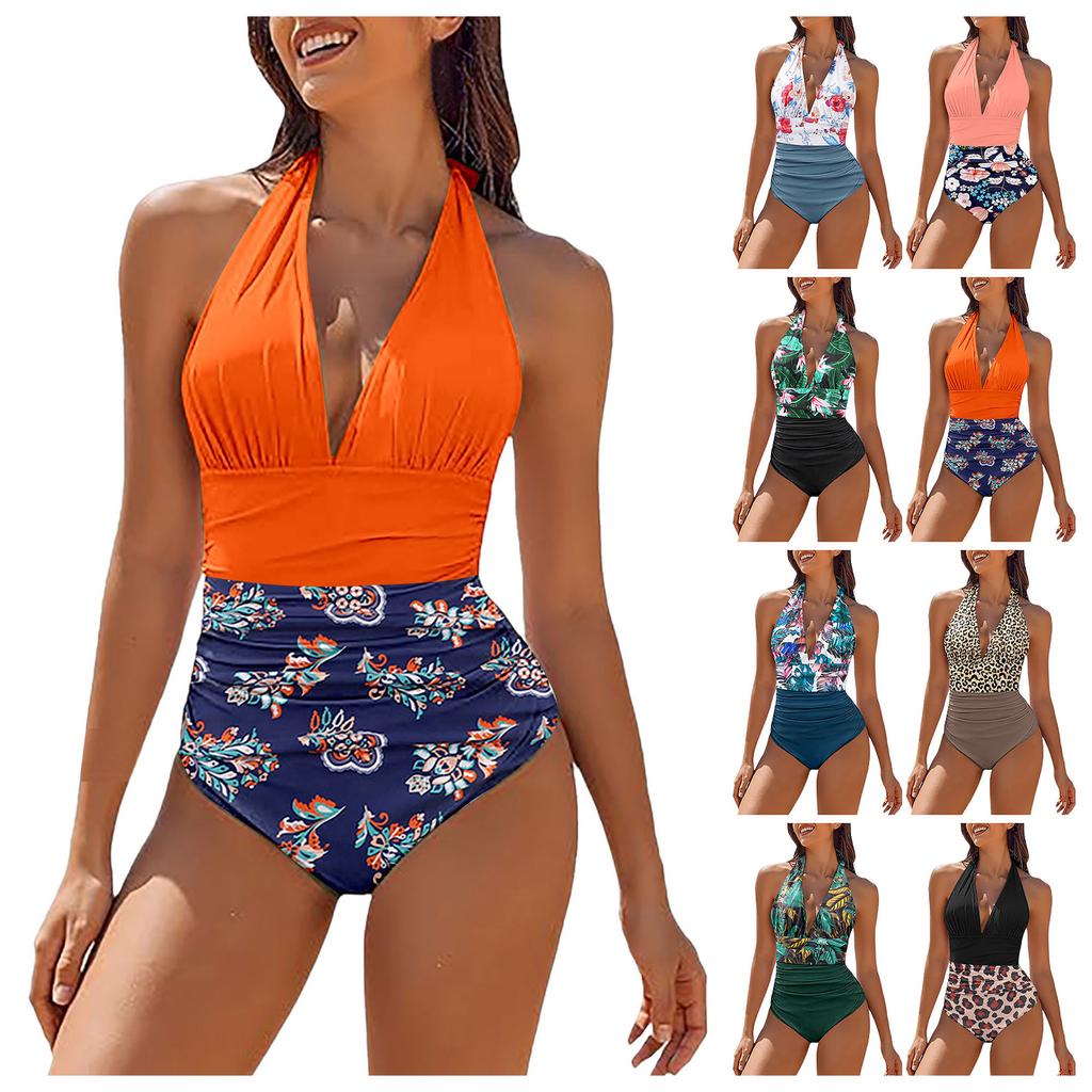 Women'S V Neck Printed Swimwears Backless Patchwork Pleated Sexy Blue Floral Bikini Sexy Women Tight Beach Bathing Swimsuits