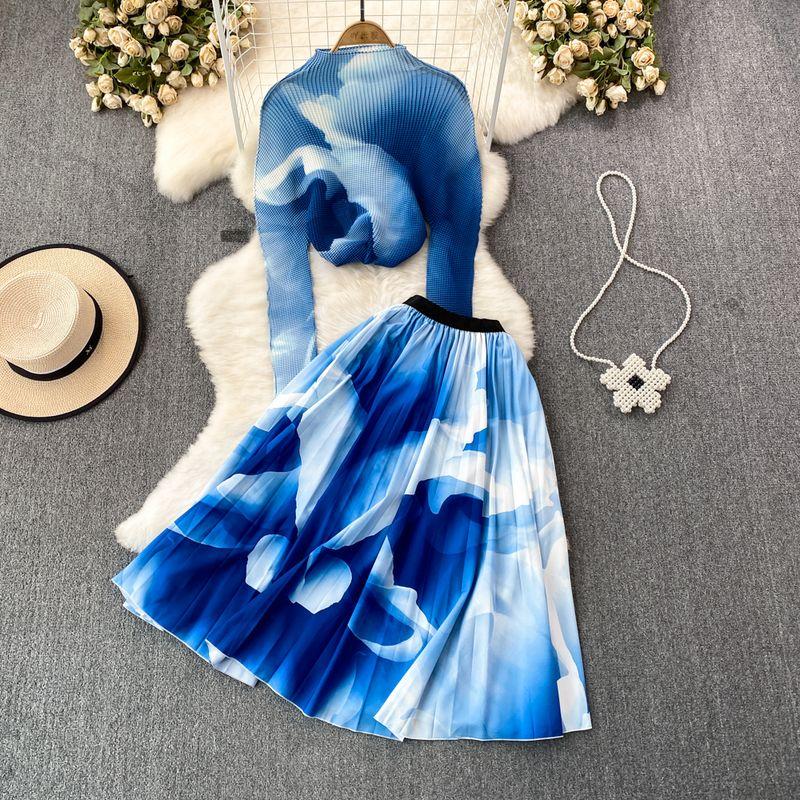 Sanzhai Ruched Celadon High Waist Skirt Fashion Suit