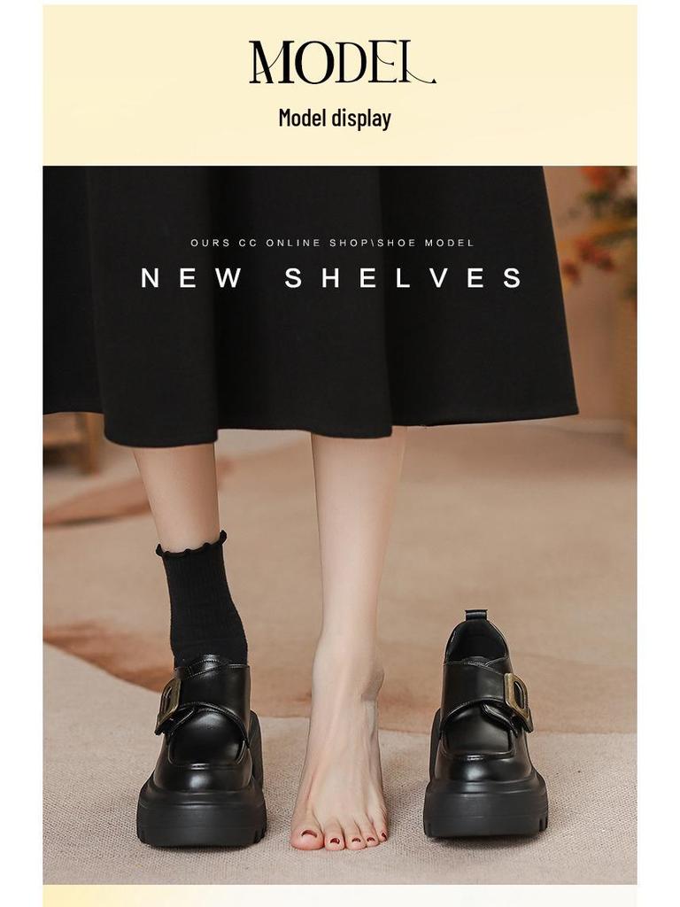 Women's Black Velcro Slip-on Height-Increasing Oxford Loafers, Thick Sole, Autumn 2025.