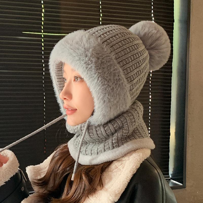 Winter Plush Knitted Hat Women's Mask Scarf Integrated Outdoor Cycling Plush Warm Ear Protection Hat Cold-proof Ski Hat