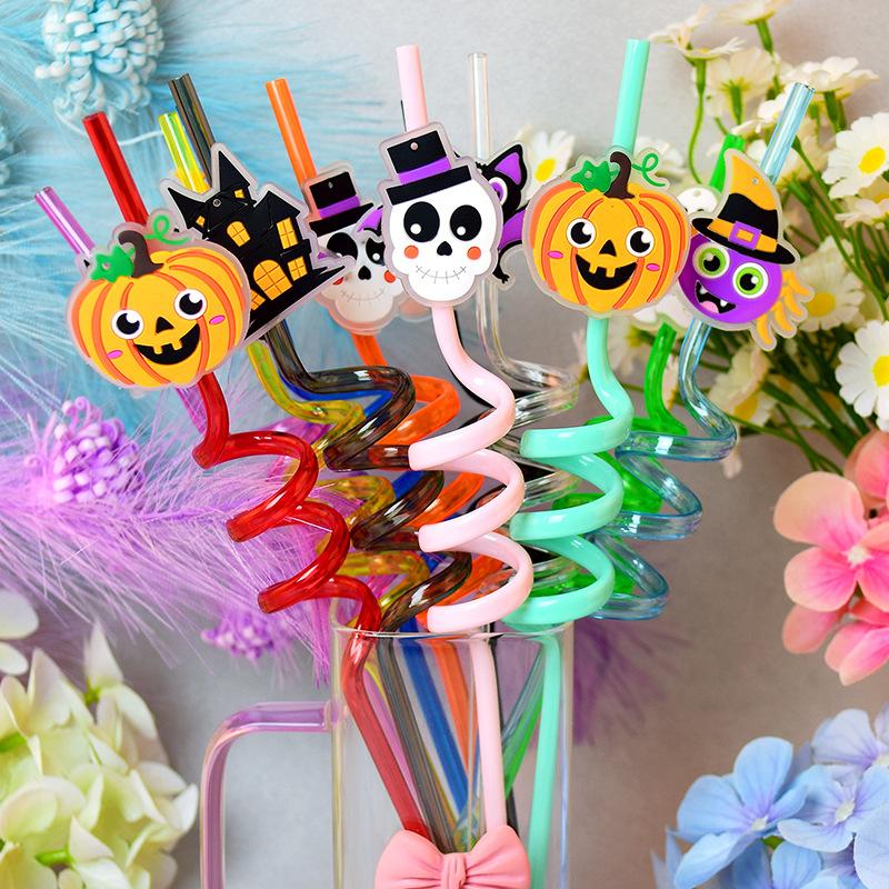 1Pcs Luminous Halloween Spiral Drinking Straws With Bats Ghost Pumpkin Witch Patterns Goodie Gifts For Kids Halloween Party