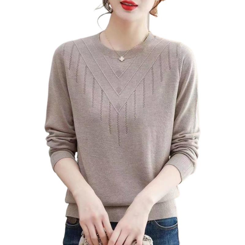 

Middle Age Women Round Neck Loose Knit Sweater Spring Autumn Long Sleeve Top Mother Casual Pullover M хаки