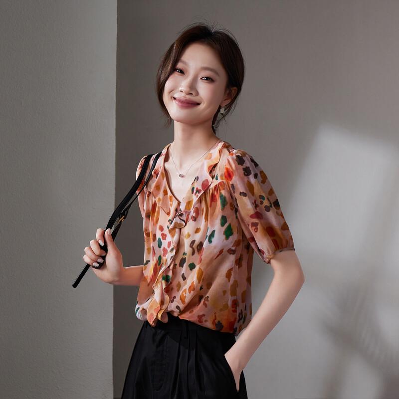 SOFSIL Women s Silk V-Neck Print Short-Sleeve Shirt S