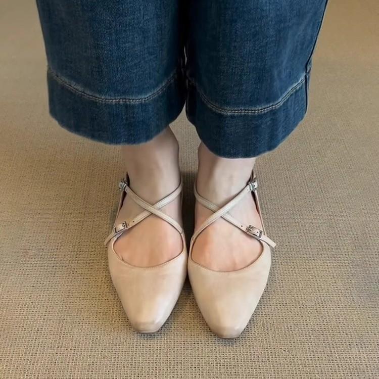 Sheepskin version~ retro literary style, shallow mouth, genuine leather, Mary Jane shoes, women's commuting cross-buckle round head flat-soled singl