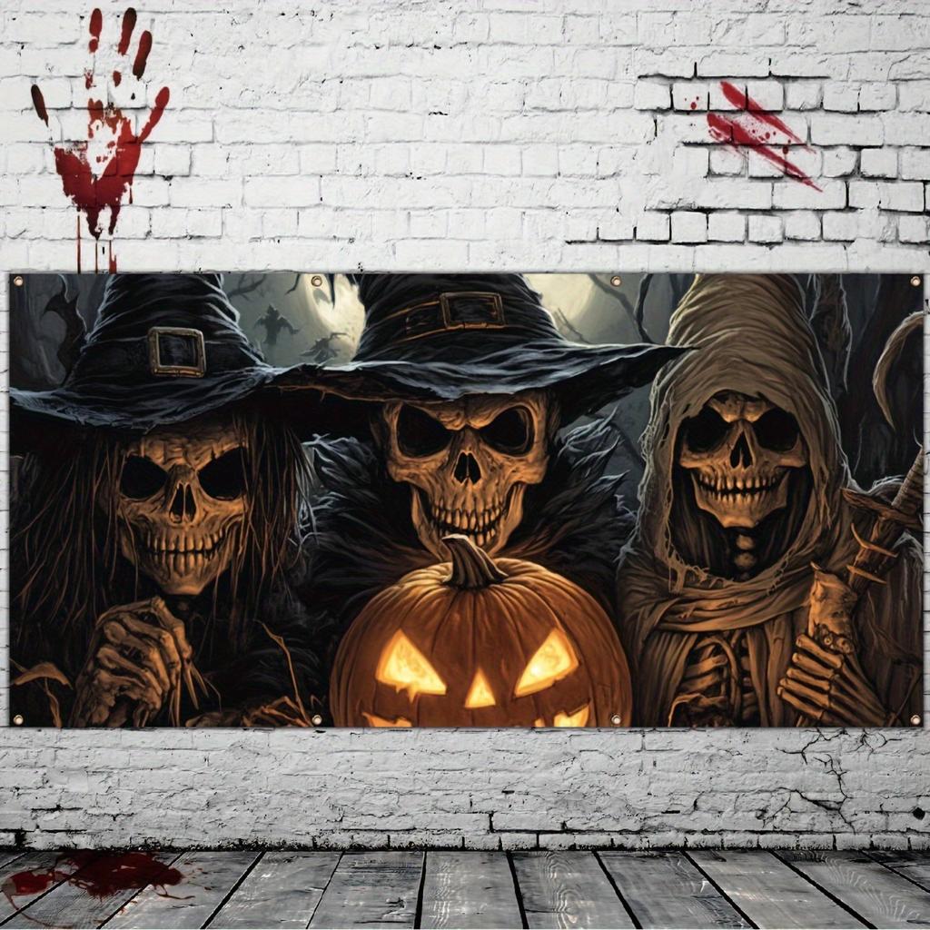 1 Piece Halloween Garage Banner Three Skeleton Wizards Evil Staring At You In the Background Party Atmosphere Background